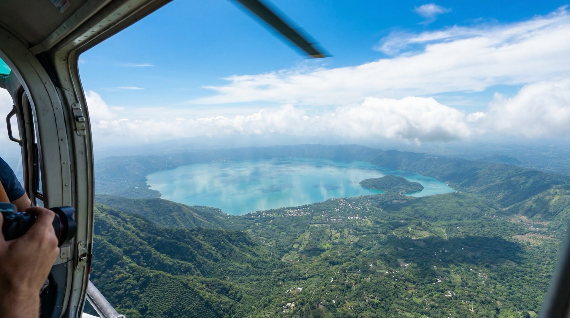 Aerial view of El Salvador volcanic landscape during scenic helicopter tour